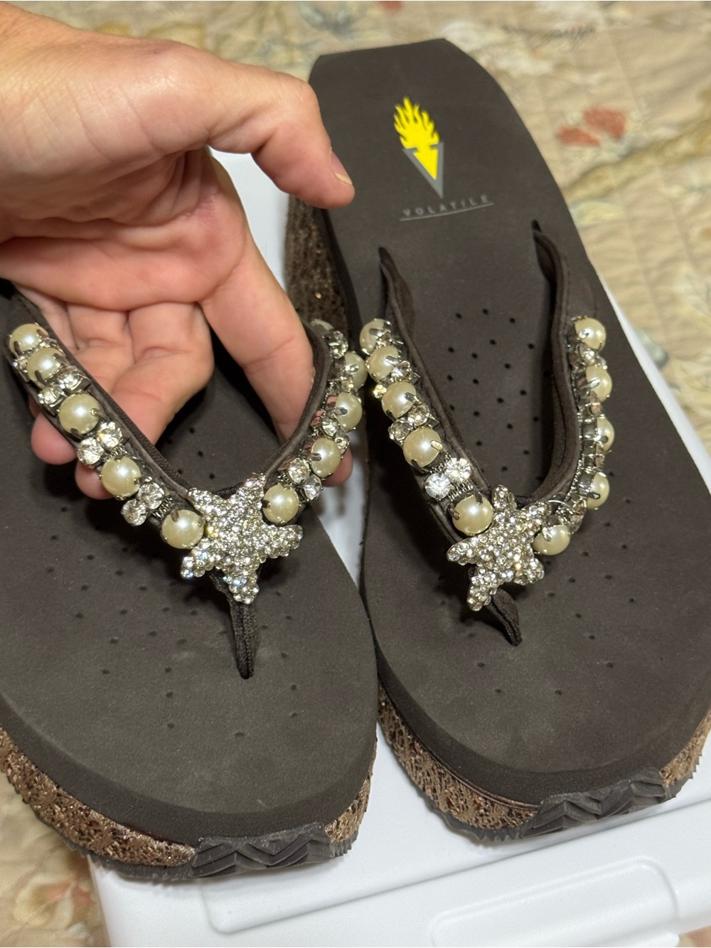 Volatile Brown Pearl & Rhinestone Embellished Wedge Flip Flop Sandals
